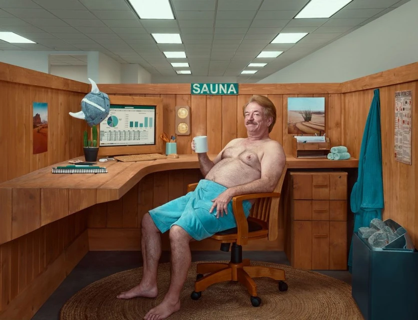 Mature man in a sauna-like office setting, wearing swim trunks, seated at a desk with a computer and spreadsheets, holding a coffee cup.